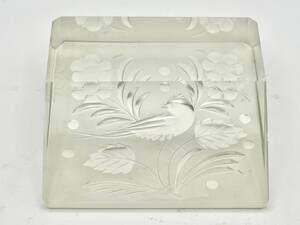 Etched Glass Bird Floral Paperweight Beveled Clear Vintage Desk Decor